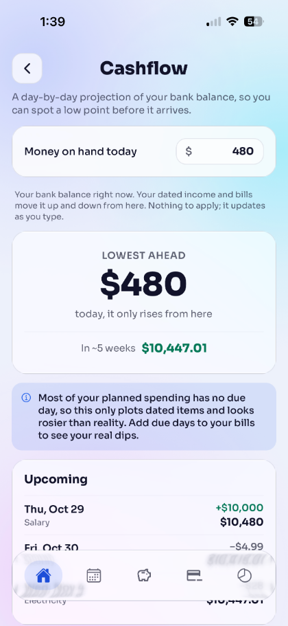 Fondo cashflow screen projecting the balance day by day