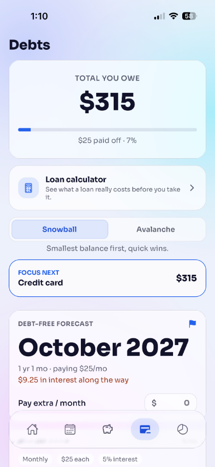 Fondo debts screen with a debt-free forecast date