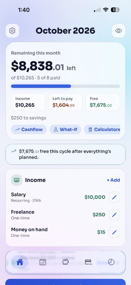 Fondo home screen showing what is left to spend this month