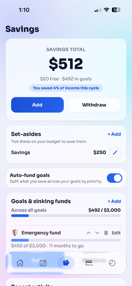 Fondo savings screen with a savings total and goals