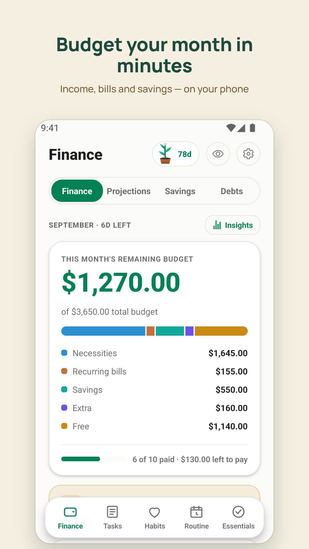 Cactara monthly budget screen