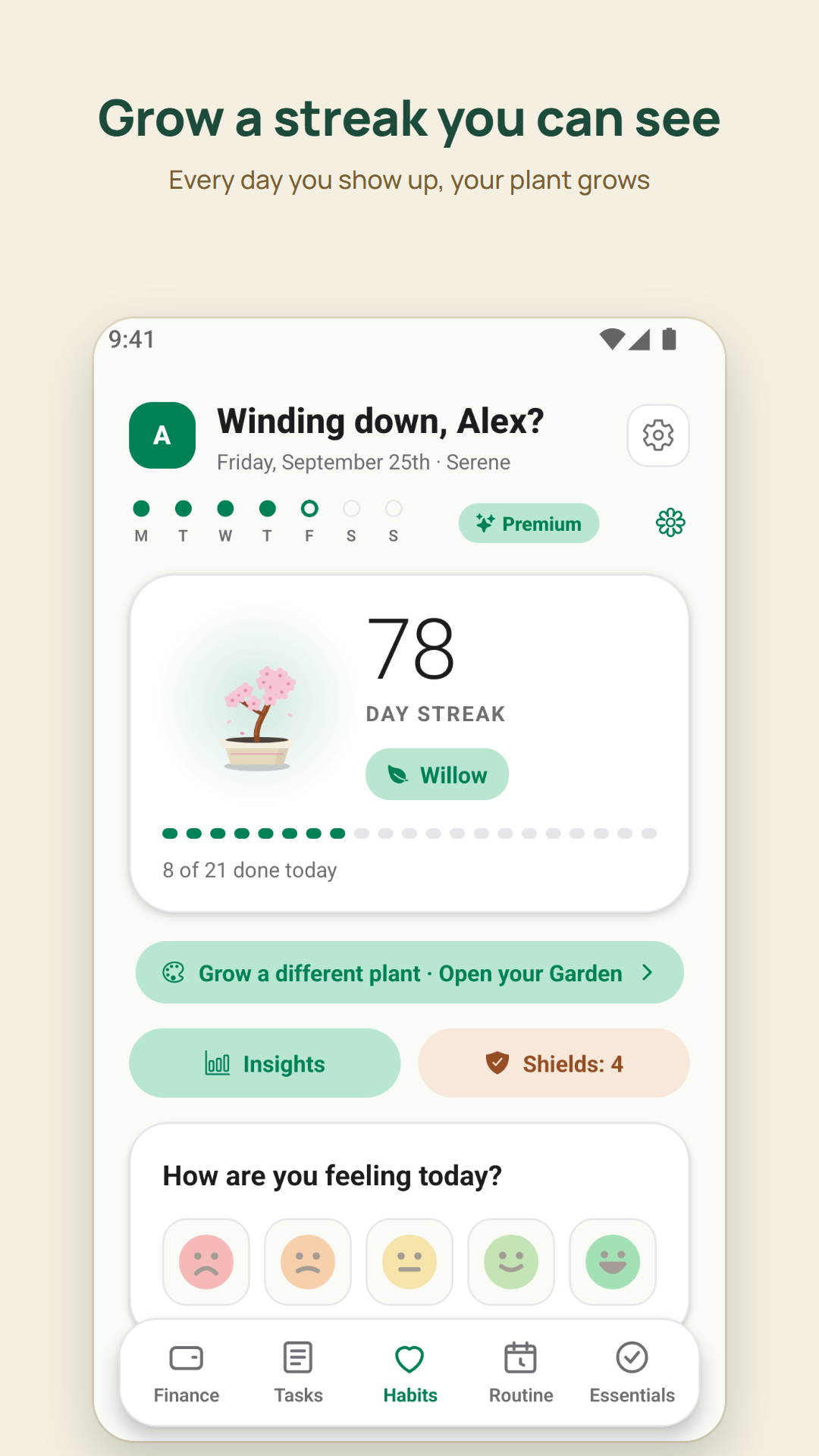 Cactara habits screen showing a streak and a growing plant